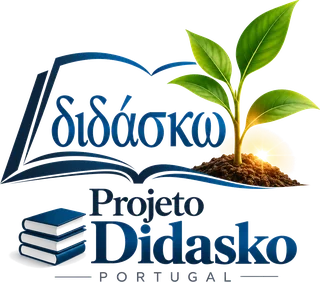 Didasko Project Portugal logo: an open book with the Greek word didáskō and a sprout growing from the ground